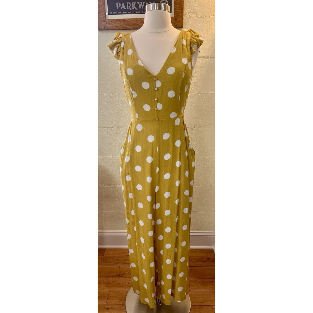 NWT Sans Souci Womens V-Neck Yellow Polka Dot Cut Out Back Jumpsuit Size S‎